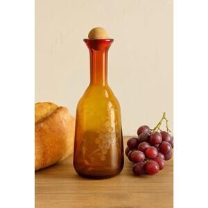 Empoli Italy Vintage 1970s Amber Glass Etched Grapes Decanter, 2.5x10”
